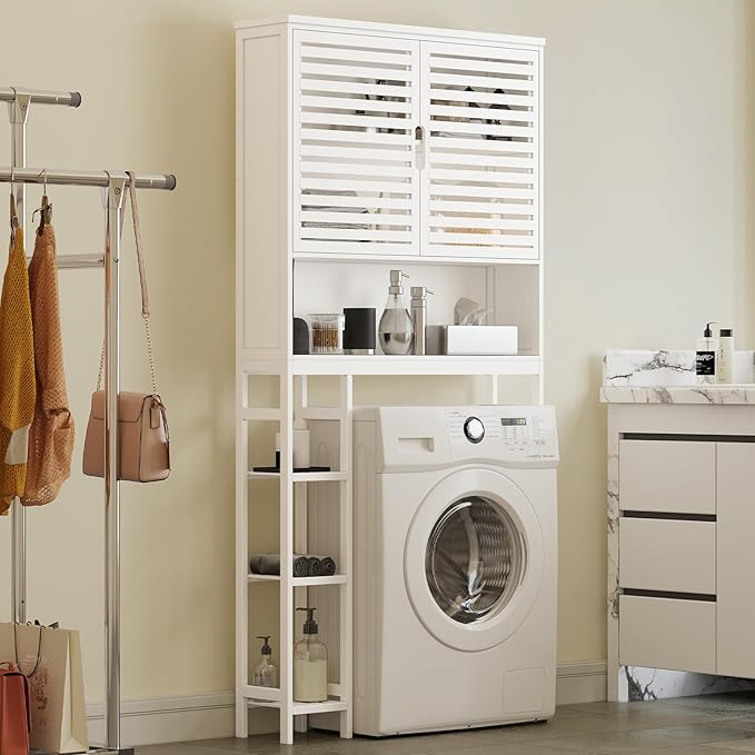 Over The Toilet Storage Cabinet, Bamboo Over Toilet Bathroom Organizer Cabinet with 2 Doors, Freestanding Home Space Save Toilet Rack for Restroom, Bathroom, Laundry, White