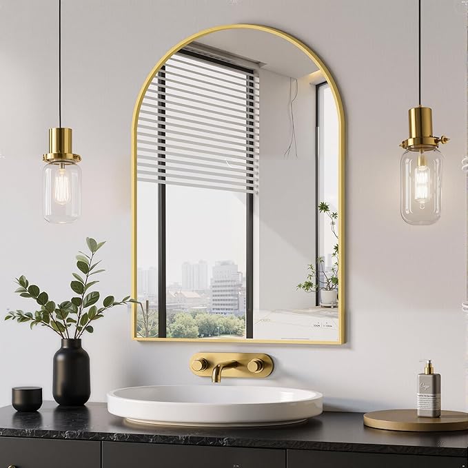 Delma Arched Bathroom Mirror, 20"x30" Wall Mounted Vanity Mirror for Bedroom, Living Room and Entryway, Gold