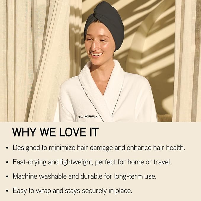 ILES FORMULA Hair Turban Towel – Ultra-Soft Microfiber Hair Towel Wrap for Fast Drying, Frizz Control & Breakage Protection – Large, Lightweight Hair Wrap for Short, Long & Curly – Grey