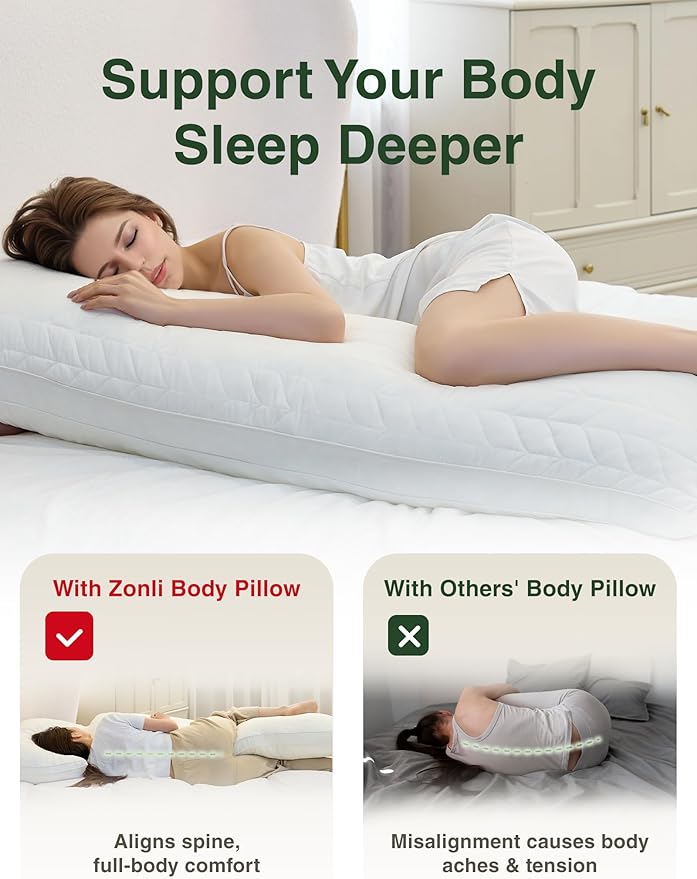 ZonLi Memory Foam Body Pillow for Adults Set, with Removable 20x54 Long Bed Pillow Bamboo Pillowcase, Firm Adjustable Body Pillow for Side Sleepers, Men & Dorm Rooms (Navy Blue)