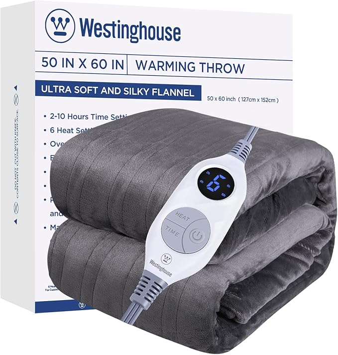 Westinghouse Electric Blanket Heated Throw, Super Cozy Soft Flannel 50"" x 60"" Heated Throw with 6 Fast Heating Levels & 2-10 Auto-Off, Machine Washable, ETL&FCC Certification, Home Office Use, Grey