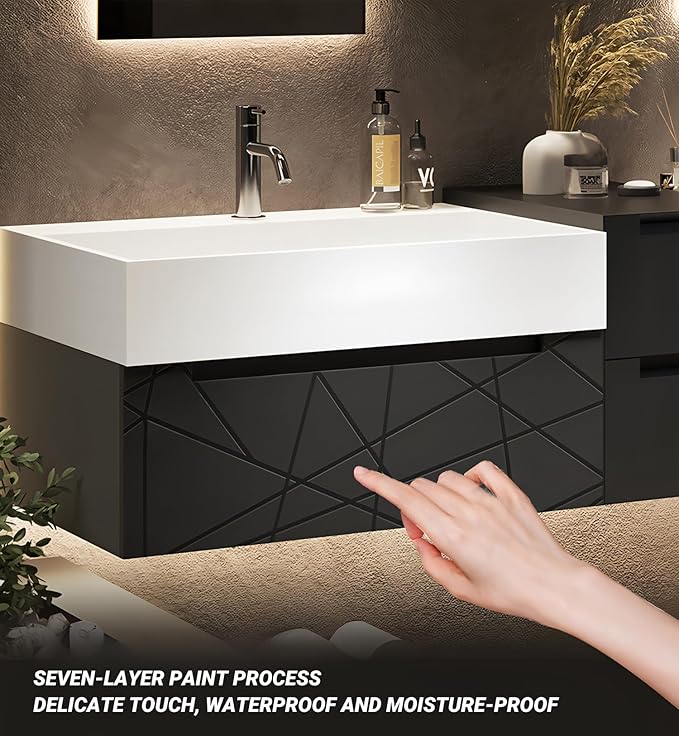 Double Bathroom Vanity with Sink, Floating Modern Bathroom Vanity Set Includes LED Smart Defogging Mirror and Open Storage Wall Cabinet, Solid Wood Bathroom Cabinet with Large Drawer (Apricot, 84")