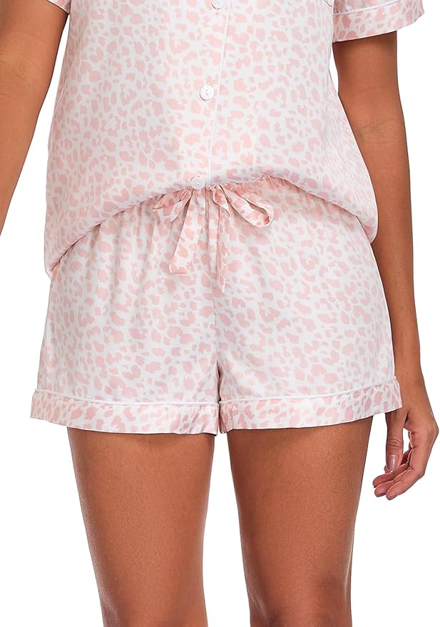 Women's Satin Pajama Set 2-Piece Sleepwear Loungewear Button Down Short Sleeve Silky PJ Set