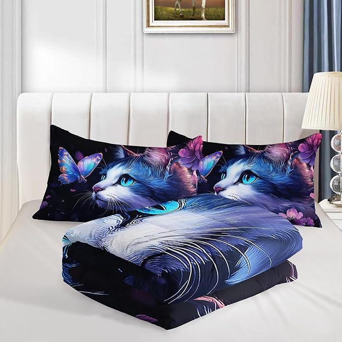 Kids Cat Comforter Set Queen Size,Fantasy Cats Butterfly Flowers Bedding Set for Kids Girls Kawaii Room Decor,Cute Little Animal Themed Toddler Bedding Set with 2 Pillowcases.