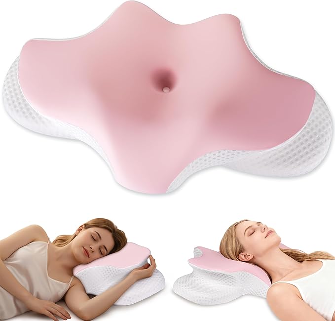 Cervical Neck Pillow for Pain Relief, Ergonomic Contour Pillow for Sleeping, 2 Heights Cooling Pillow for Neck and Shoulder Support, Memory Foam Orthopedic Pillow for Side Back Stomach Sleepers Pink