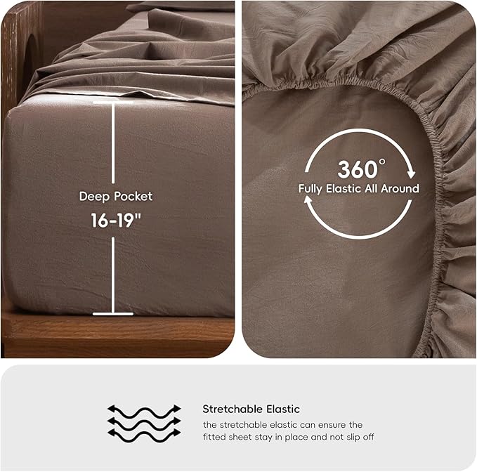 MooMee Bedding Sheet Set 100% Washed Cotton Linen Like Textured Breathable Durable Soft Comfy (Solid Brown, Queen)