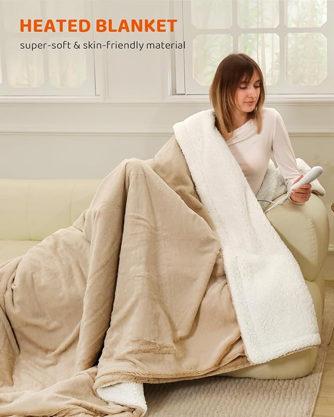 Electric Heated Blanket Full Size, Faux Fur Heat Blanket, Super Soft Cozy Heating Blanket with 9 Heating Levels & 1-9 Hours Auto Off, Fast Heat & Overheat Protection, 72" x 84", Beige