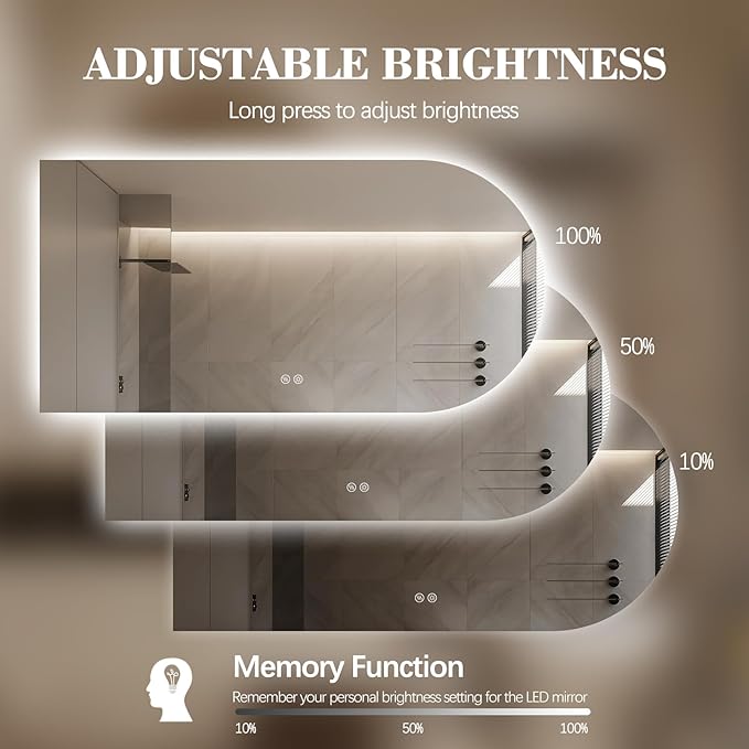 Arched LED Bathroom Mirror, 40"x24" Arch Framless Backlit Mirror with Lights Vanity Mirror for Makeup, Anti-Fog, Dimmable, 3-Color, Memory Function, IP65 Waterproof, UL Listed, Horizontal-Left