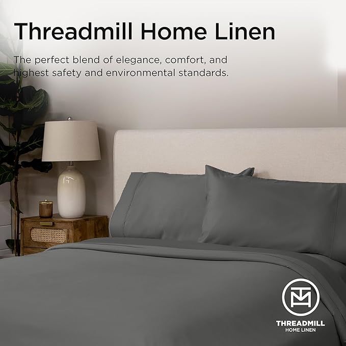 Threadmill Certified 100% American Supima Cotton Sheets, 1000 Thread Count King Size Sheets, 4 Pc Luxury Bed Sheets Set, Hotel Quality Sateen Weave, Dark Grey Sheet with Elasticized Deep Pocket