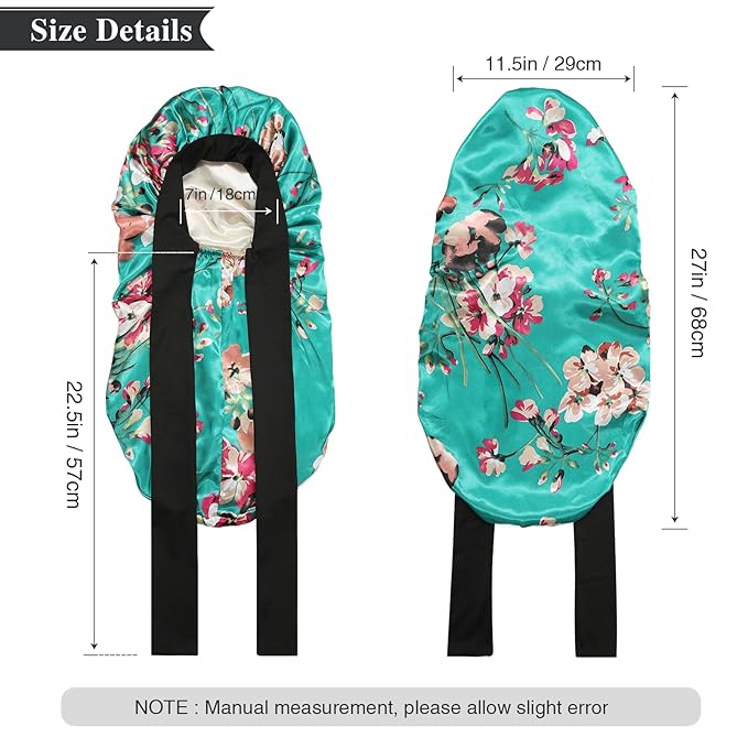 AWAYTR Long Satin Bonnet for Women - Double Layer Elastic Silk Bonnet for Braids Hair Sleeping Cap with Tie Band (Flower A)