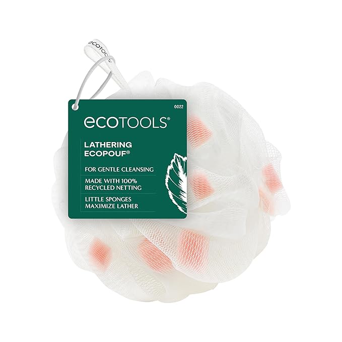 EcoTools Lathering EcoPouf, Loofah Infused with Mini Sponges, Provides Rich Lather, Recycled Netting, Gentle Exfoliation in Bath Or Shower, Pouf Removes Dead Skin, Cruelty-Free, 1 Count