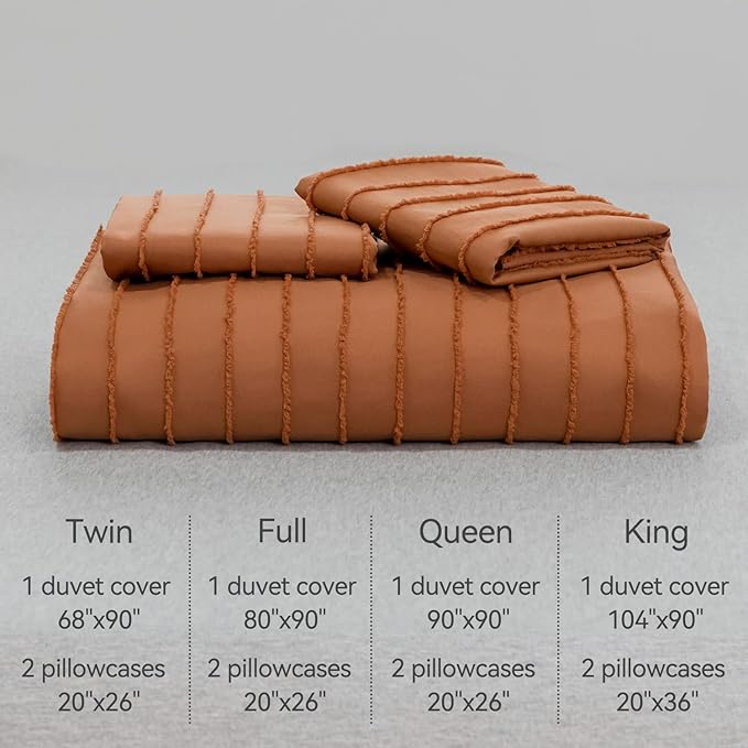 JELLYMONI Duvet Cover King Size Rust and White - 3PCS Boho Striped Duvet Cover Set Polyester Tufted Bohemian Textured Comforter Cover with Corner Ties & Zipper Closure