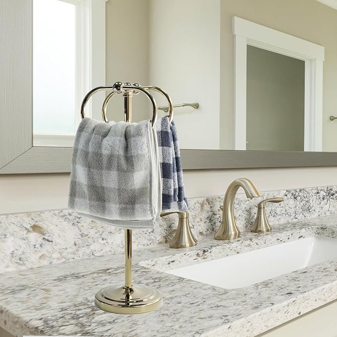 17 Inch Stainless Steel Hand Towel Holder Double Stand Hand Towel Ring for Washcloths or dishcloths Non-Slip Base Free Standing Towel Rack for Bathroom Kitchen (Gold)
