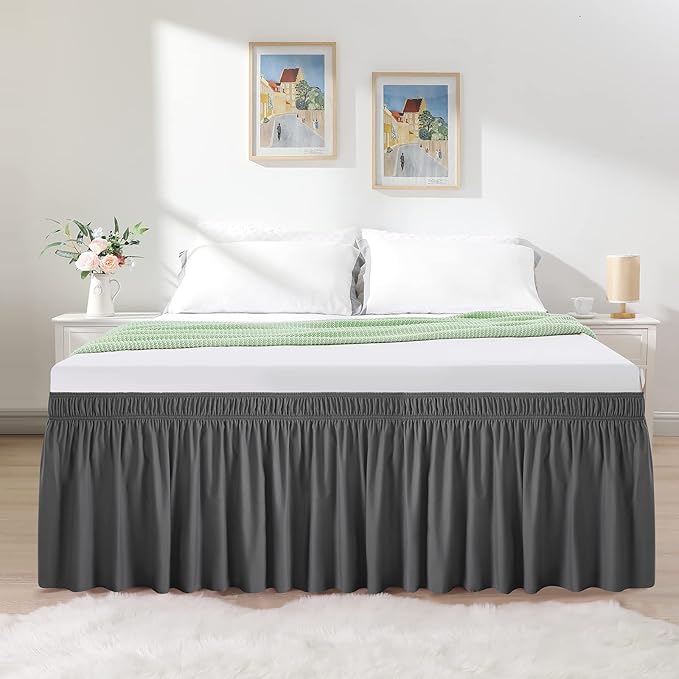 RIMELA Bed Skirt Wrap Around Elastic Dust Ruffles Solid Color Wrinkle and Fade Resistant with Adjustable Elastic Belt Easy to Install Dark Gray for King & California King Size 18 Inch Drop