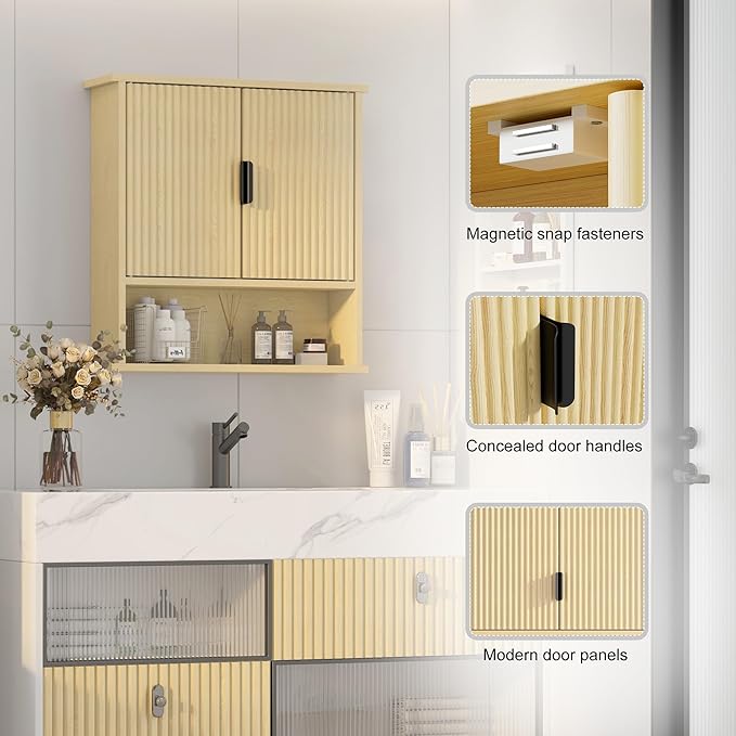 Bathroom Wall Cabinet,Farmhouse Medicine Cabinet for Bathroom with 2 Doors,Wall Mounted Medicine Cabinets Over Toilet Storage Cabinet for Laundry Room/Kitchen/Living Room,Natural,23 x 24