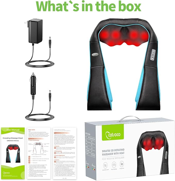 cotsoco Neck Massager, Shiatsu Neck and Back Massager with Heat for Pain Relief, Deep Tissue 3D Kneading Massage Pillow, Relaxation Gifts for Men and Women, Gifts for Dad, Elderly,Wife（Turquoise）