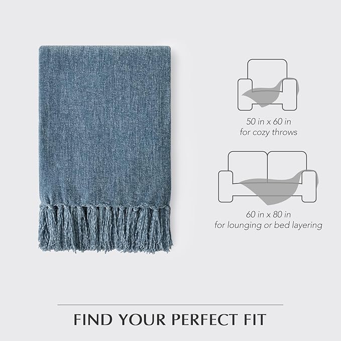 EVERGRACE Soft Chenille Throw Blanket for Couch, Cozy Plush Fuzzy Decorative Chenille Knit Throw Blanket with Tassels, Lightweight Blanket and Throws for Bed Sofa Gift Home Decor, Cloud Blue 50"x60"