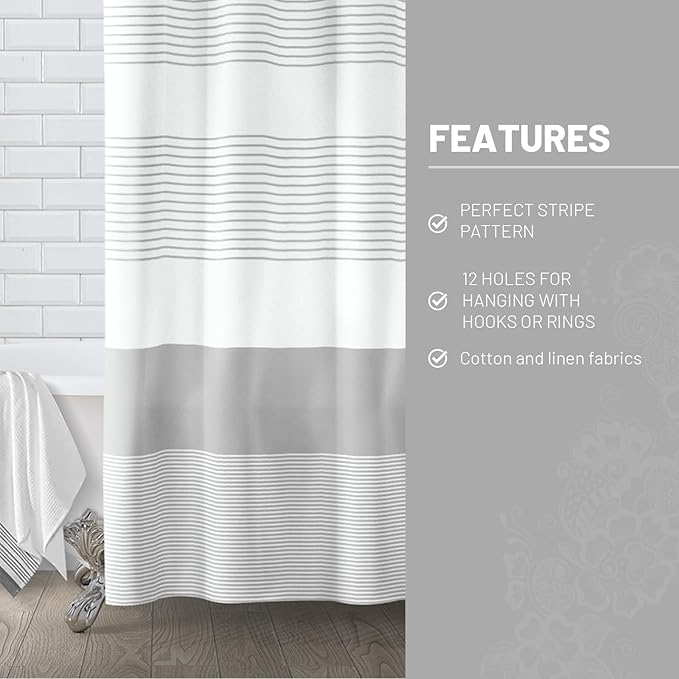 Awellife Boho Gray Shower Curtain for Bathroom Stripe Shower Curtain 72 X 72 Inches Farmhouse Cotton Grey