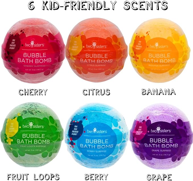 Kids Bath Bombs with Surprise Toys Inside (6 Pack) - Releases Color & Bubbles, Won’t Stain Tub, Moisturizing, Large Bubble Bomb, USA Made - Ideal Gift for Girls & Boys by Two Sisters