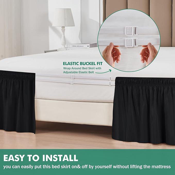 Biscaynebay Wrap Around Bed Skirts with Split Corners for Queen Beds 17" Drop, Black Elastic Dust Ruffles Adjustable Easy Fit Wrinkle & Fade Resistant Silky Luxurious Fabric Machine Washable