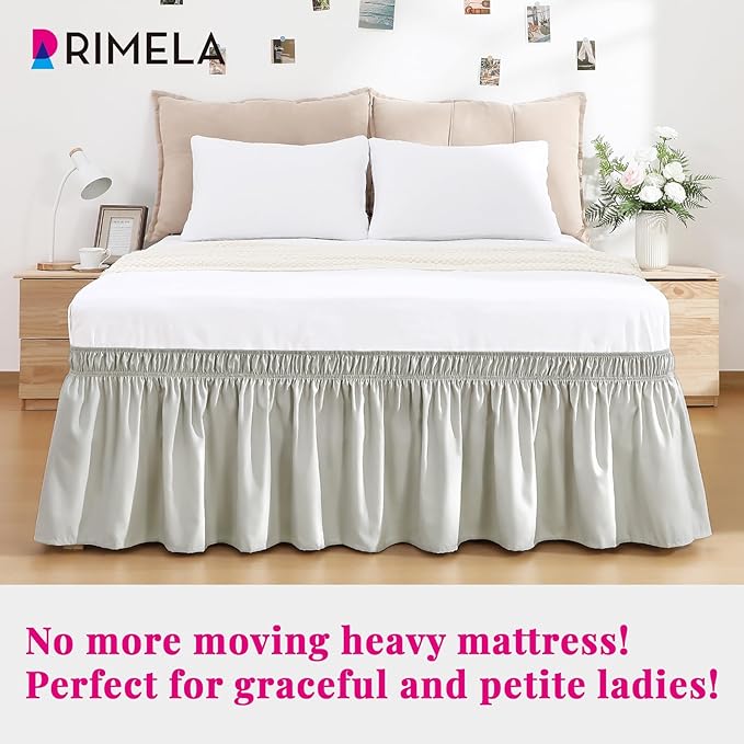 RIMELA Light Grey Bed Skirt Queen Size 15 Inch Drop, Wrap Around Elastic Bedskirt, Dust Ruffle for Adjustable Bed Base Machine Washable Easy to Install Bed Skirts