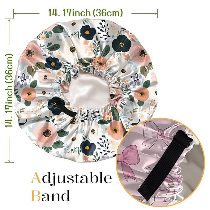 2 PCS Bonnets for Women Girls Satin Hair Bonnet Silk Adjustable Elastic Double Layer Hair Wrap Sleep Cap Comfort Cute-Bowknot Flower