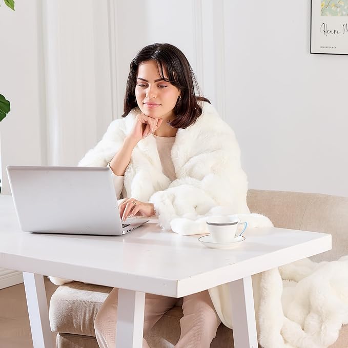 Fluffy Blanket for Couch Soft Luxury Faux Rabbit Fur Throw Cozy Fuzzy Plush Bubble Blanket Thick Warm Decorative Throw for Bed, Sofa (Queen Size 90''x90'', Cream White)