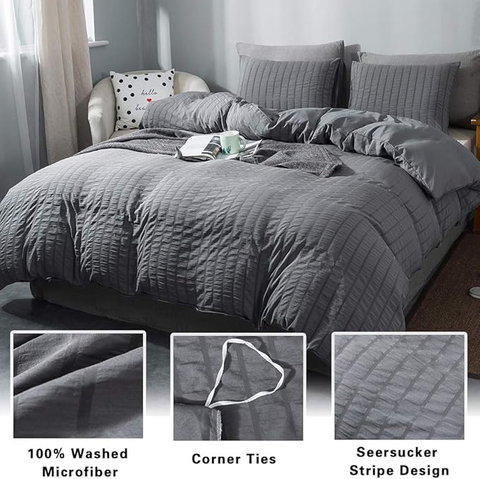 AveLom Queen Duvet Cover Set, 3 Pieces - 90 x 90 in, Dark Gray Microfiber with Zipper and Ties