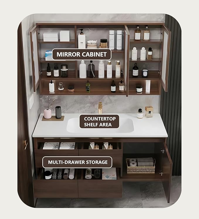 Bathroom Sink Vanity 76Inch, Floating Bathroom Vanity with LED Smart Defogging Mirror Cabinet and Open Shelf, Multi-Layer Solid Wood Bathroom Furniture Cabinet, Wall Mount Installation (Walnut)
