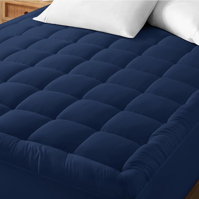 Bare Home Mattress Topper Cotton Top - Twin Extra Long - Plush Topper for Mattress - College Dorm Room Essentials - Cooling Breathable Air Flow - 8" to 21" Deep Pocket - Soft Pad (Twin XL, Dark Blue)