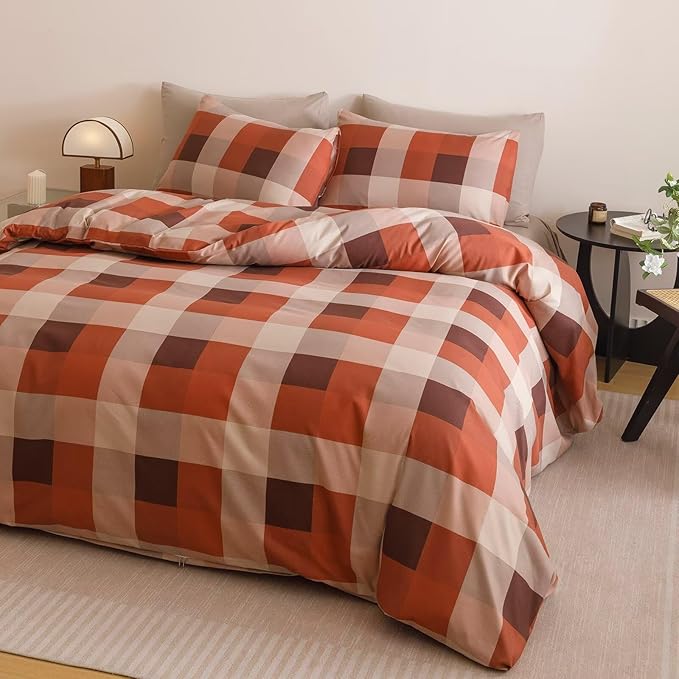 Cottonight Checkered Red Comforter Set Queen Men Gingham Grid Bedding Set Red and Khaki Grid Comforter Fluffy Soft Blanket Quilts Modern Cottagecore Comforter with 2 Pillowcases for Queen Bed