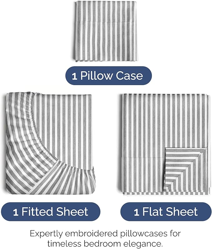 Twin Size 3-Piece Sheet Set - Extra Soft, Breathable & Cooling - Hotel Luxury Durable Bed Sheets - Deep Pockets, Easy-Fit & Wrinkle-Free - Grey Stripes Oeko-Tex