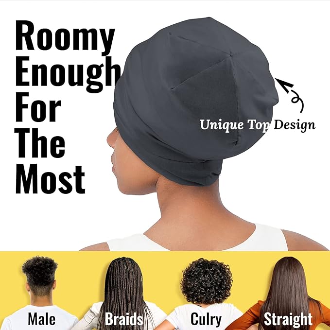 Satin Lined Sleep Cap Bonnet for Curly Hair and Braids, Stay On All Night Hair Wrap with Adjustable Strap for Women and Men, Black Grey, Pack of 1