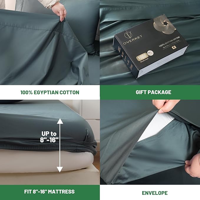 Egyptian Cotton Sheets Full Size 1000 Thread Count Sateen Weave Soft Breathable 16-Inch Deep Pocket 4PCS（Full,Lake Blue）