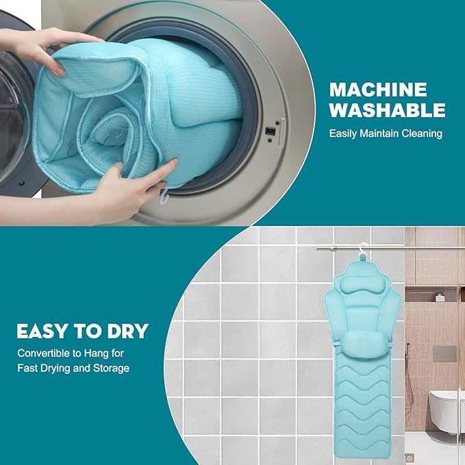 Full Body Bath Pillow for Bathtub - Extra Long 61’’ Bath Pillows for Tub, Ergonomic 4D Air Mesh Tub Pillow with Head, Neck & Lumbar Support, Bathtub Pillow Spa Cushion with Non-Slip Suction Cups