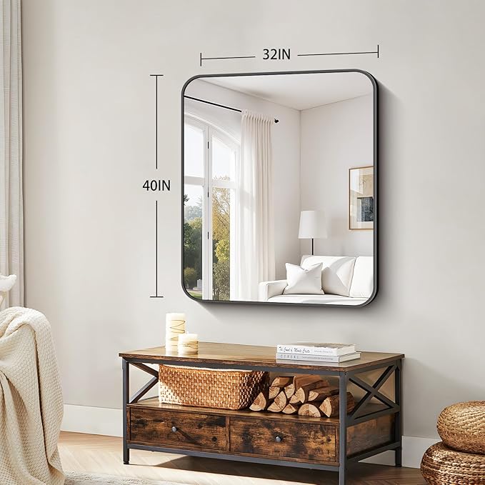 Koonmi Black Framed Bathroom Mirror - 32x40 Inch Shatterproof Tempered Glass Vanity Mirror for Bathroom Sink, Wall Mounted with Matte Aluminum Alloy Frame, No Distortion, Modern Decor