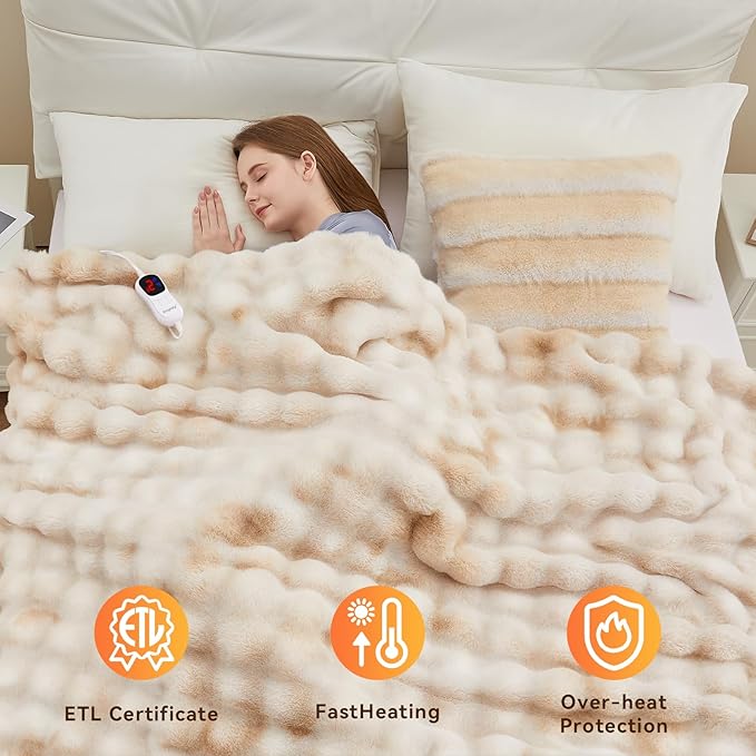 Heated Blanket Full Size with 1/2/4/6/8 Hours Auto-Off 10 Heat Level, 62'' * 84'' Cozy Faux Rabbit Fur Bubble Electric Blanket with Overheat Protection(Tie-Dye Beige)