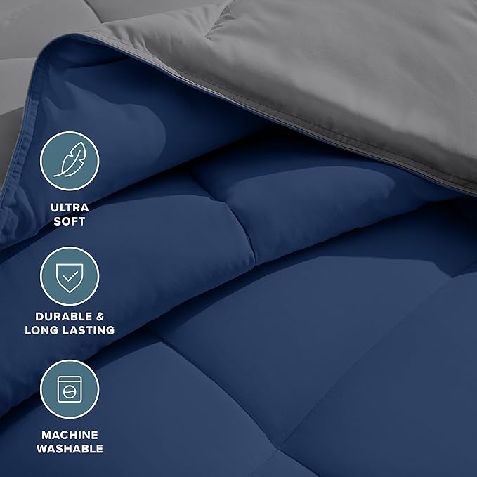 Bare Home Queen Comforter - Reversible Colors - Goose Down Alternative - Ultra-Soft - Premium 1800 Series - All Season Warmth - Bedding Comforter (Queen, Dark Blue/Grey)