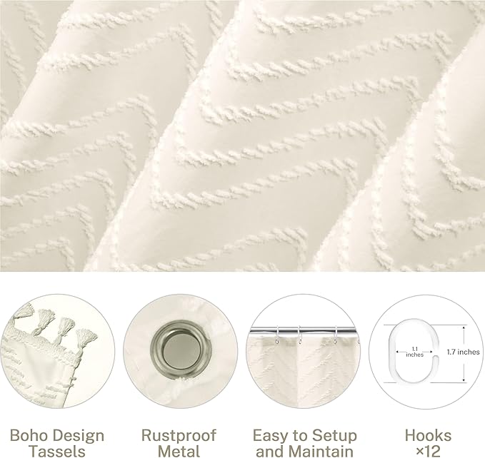 Boho Farmhouse Shower Curtain, 72 x 72 Tufted Chevron Textured Striped Modern Farmhouse Minimalist Cream Shower Curtain for Bathroom