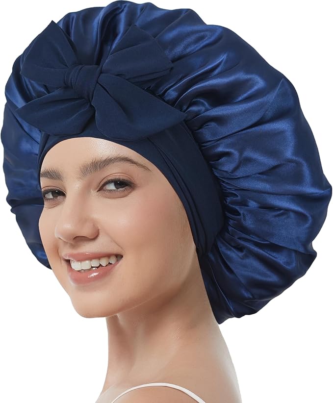 Satin Bonnet with Tie Band,Silk Hair Bonnet for Sleeping Women,Bonnets for Women,Double Layer Sleep Cap for Braids Curly Hair