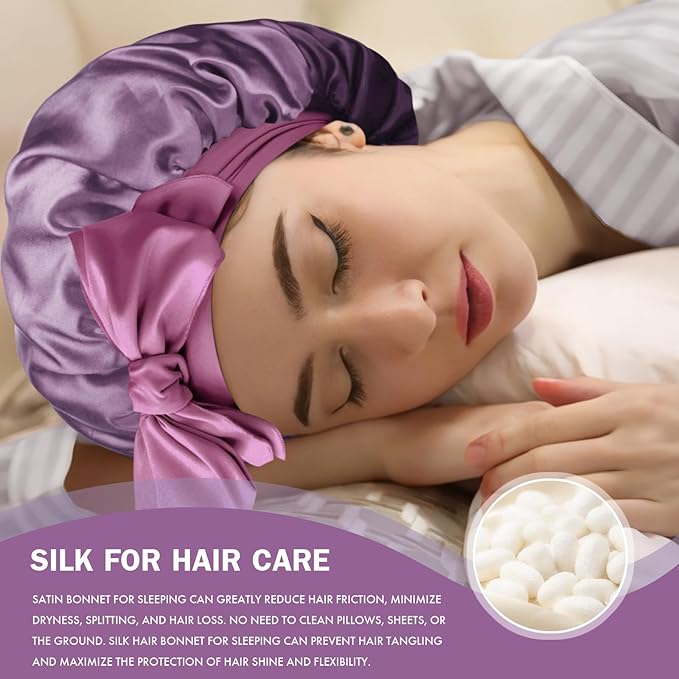 Silk Bonnet for Sleeping Women, Adjustable Soft Satin Lined Bonnet with Tie Band, Double Layer Sleep Night Cap