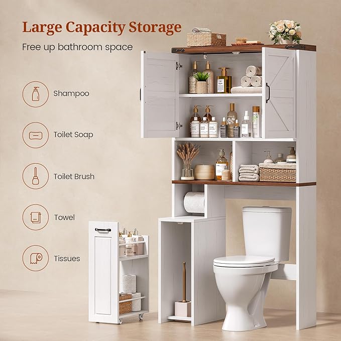 Farmhouse Over The Toilet Storage Cabinet with Pulley Small Bathroom Storage Cabinet, Space Saver W/Adjustable Shelf & Open Shelf for Bathroom, Restroom, Laundry (White Brown-Type B)