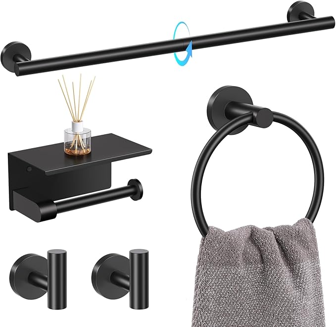 TQKAG 5 Piece Bathroom Towel Bar Holder Sets Matte Black Bathroom Hardware Set Stainless Steel Toilet Paper Holder with Shelf Bathroom Accessories Kit Wall Mounted