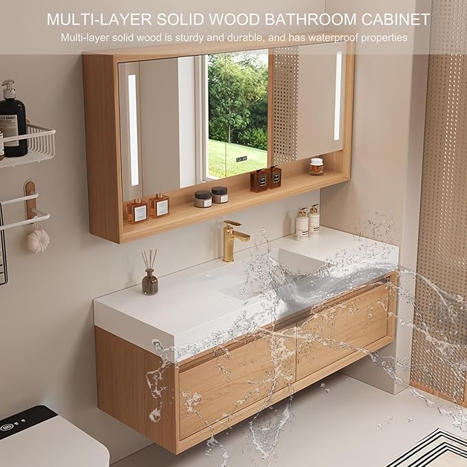 Single Sink Bathroom Vanity, 40Inch Modern Bathroom Vanity Set Includes LED Smart Defogging Mirror Cabinet and Open Shelf, Floating Vanities with One Piece Sink and Drawers Storage(Original Wood )