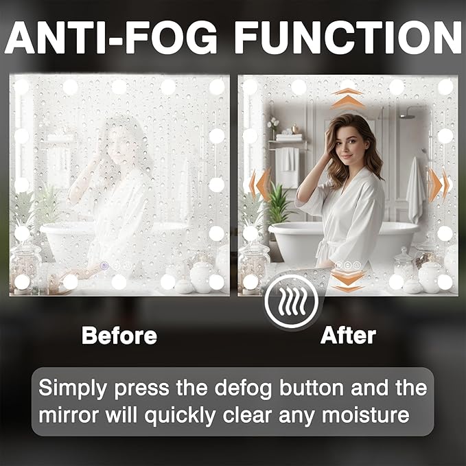 40x28 Hollywood LED Bathroom Vanity Mirror with Dimmable Bulbs, 3 Lighting Modes, Fogless Mirror, Shatter-Proof, Corrosion Proof, Smart Mirror, Memory, Wall Mountable, Horizontal/Vertical