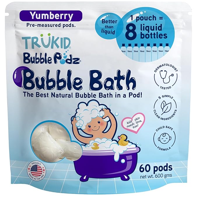 TruKid Bubble Podz Bubble Bath for Kids, Toddlers, & Babies, Tear Free Gentle & Refreshing Bath Bomb for Sensitive Skin with Natural Moisturizers, Non-Toxic, pH Balanced, Yumberry Scent (60 Podz)