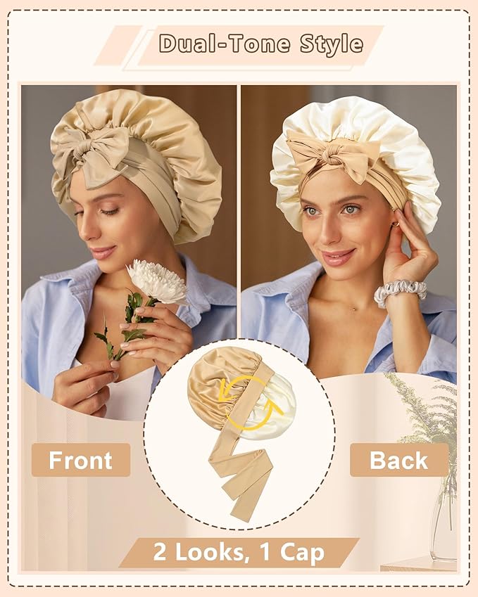 AWAYTR Women Satin Bonnet for Sleeping - Double Layer Silk Hair Bonnet with Elastic Tie Band for Braids Curly Hair