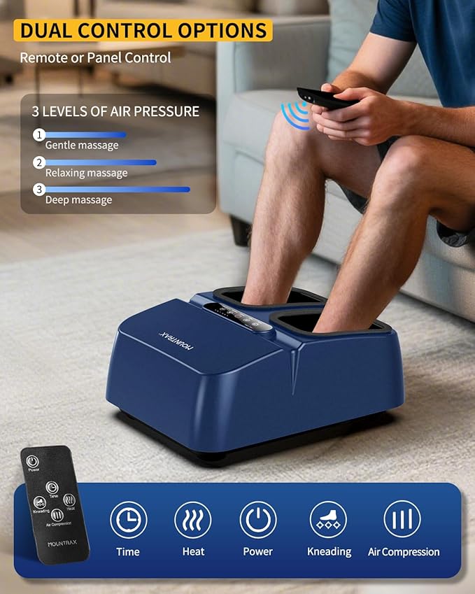 MOUNTRAX Foot Massager Machine with Heat, Foot Massager for Plantar Fasciitis, Neuropathy Pain, Shiatsu Foot Massager with Remote, Fits Feet Up to Men Size 12 (Blue)