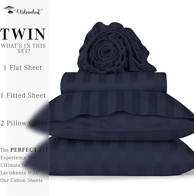 URBANHUT 1000 Thread Count Damask Striped Twin Size Egyptian Cotton Sheets, Long Staple Soft & Breathable, 4 Pc Bed Sheet Sets, Luxury Hotel Sateen Sheets Fits 16" Deep Pocket - Navy Blue