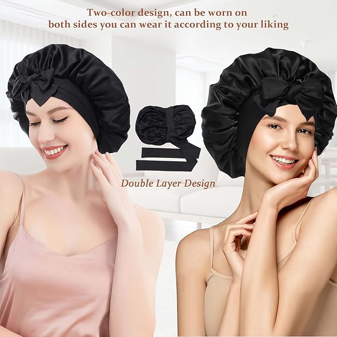100% Mulberry Silk Bonnet for Sleeping Women Double Layer Silk Hair Bonnet Natural Silk Sleep Cap with Elastic Reversible Hair Wrap (Black)